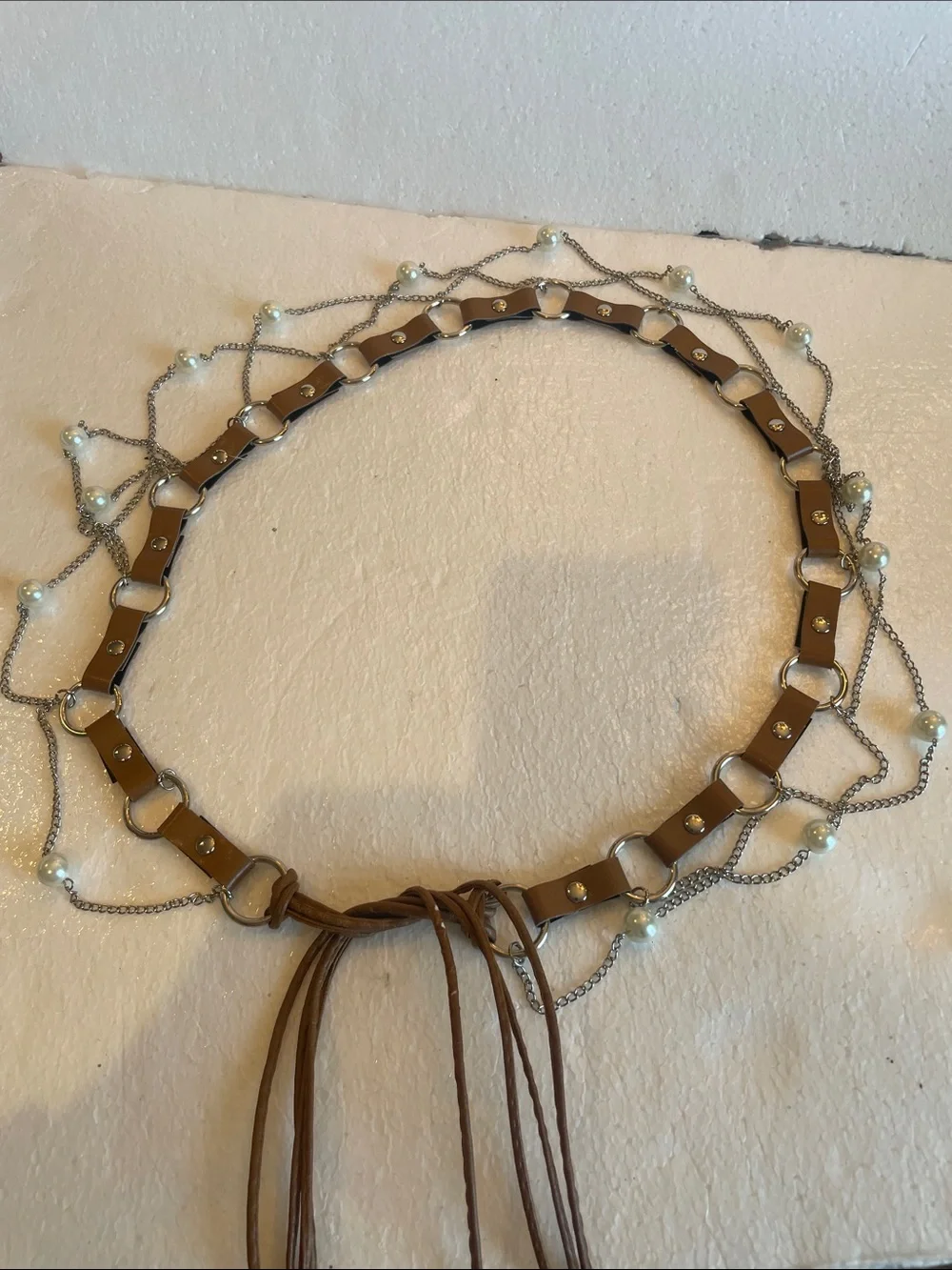 Brown Leather Link Waist Belt Pearl Chain women’s adjustable Bohemian One Size